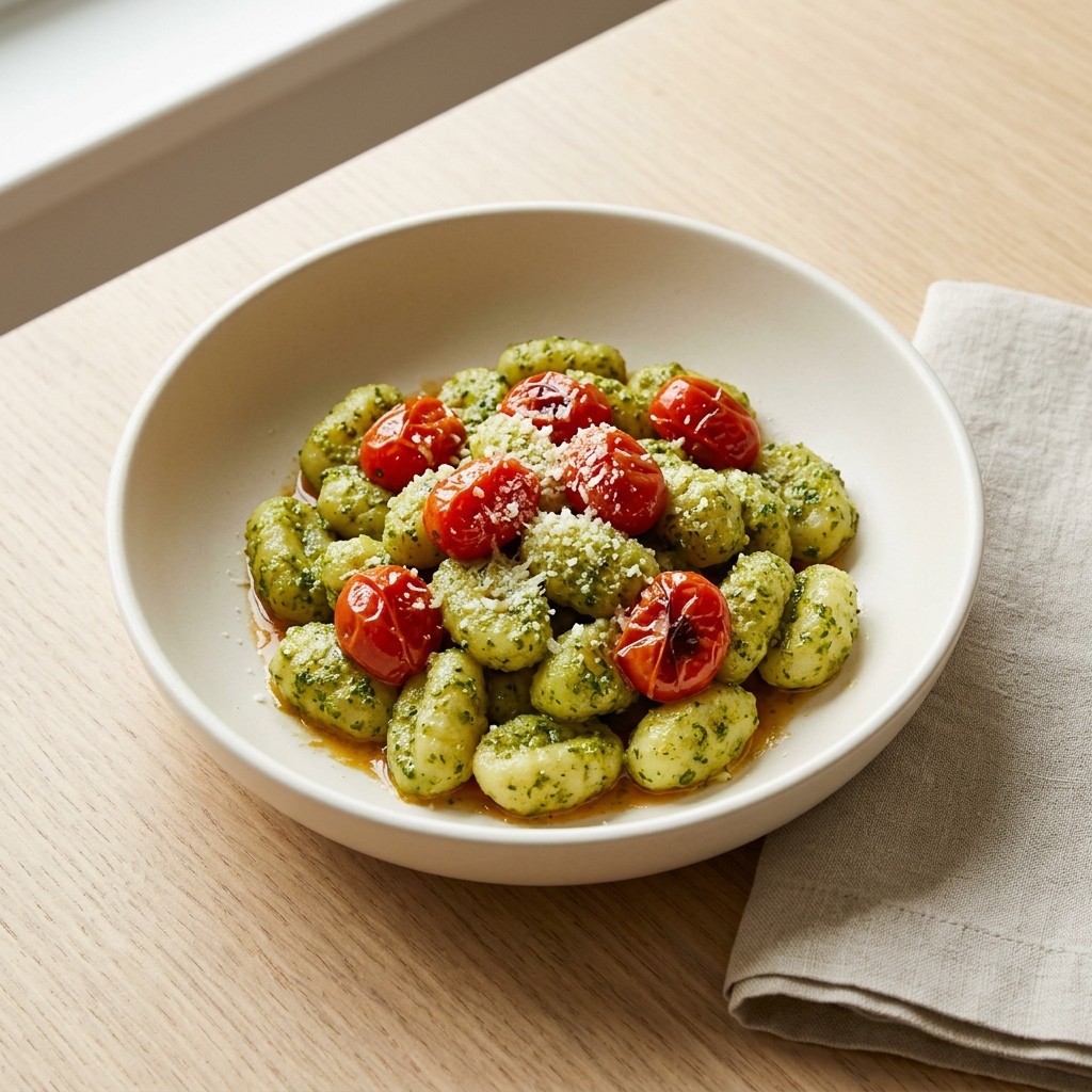 Generated food photo of Pesto Gnocchi with Blistered Tomatoes