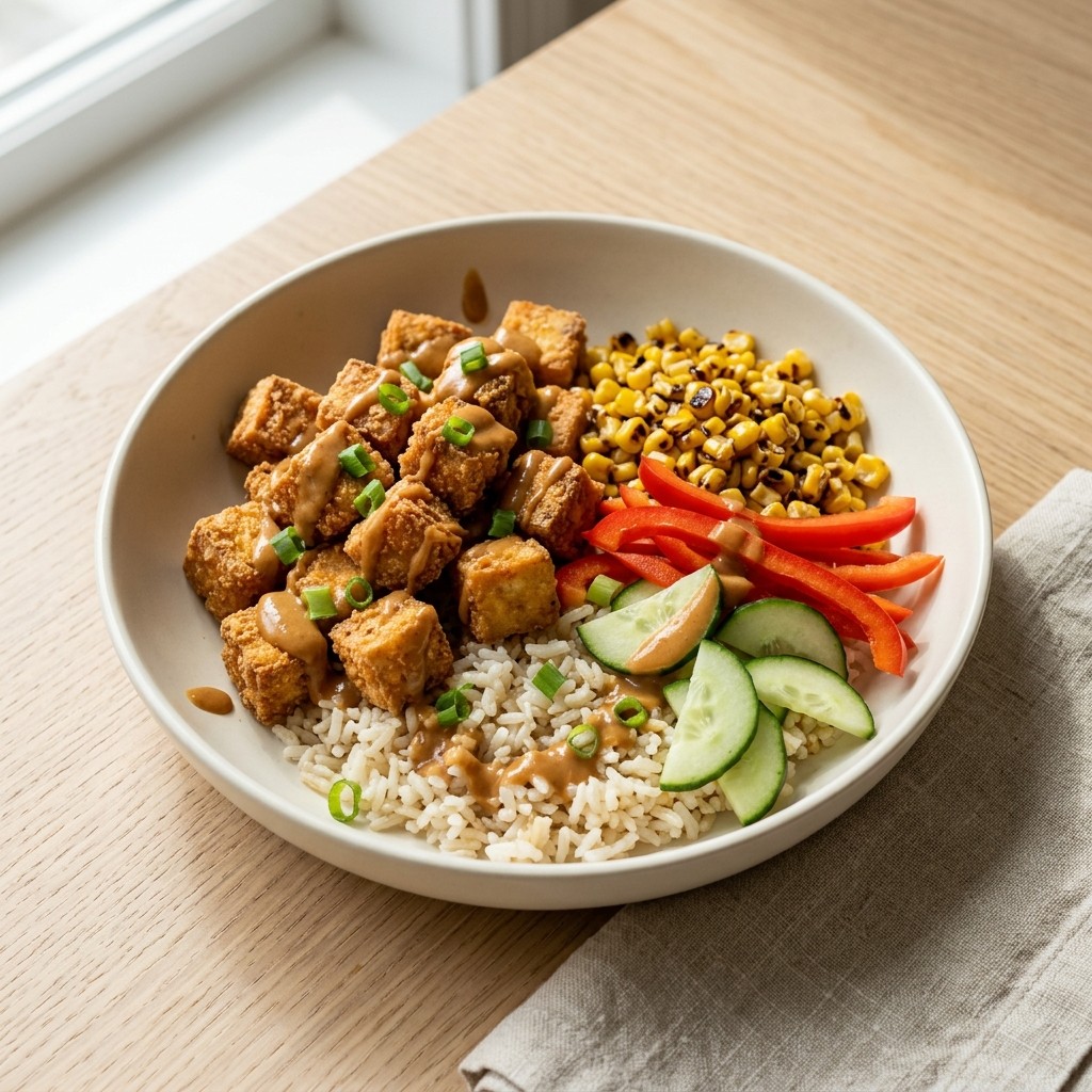 Generated food photo of Crispy Tofu Rice Bowl with Peanut Sauce