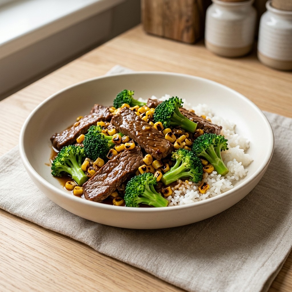 Generated food photo of Ginger Garlic Beef and Broccoli