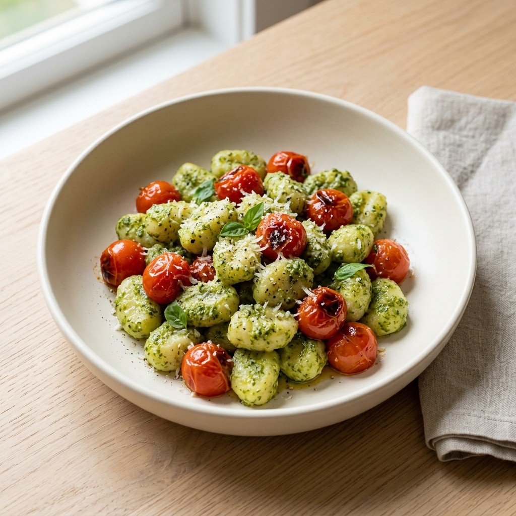 Generated food photo of Pesto Gnocchi with Blistered Cherry Tomatoes