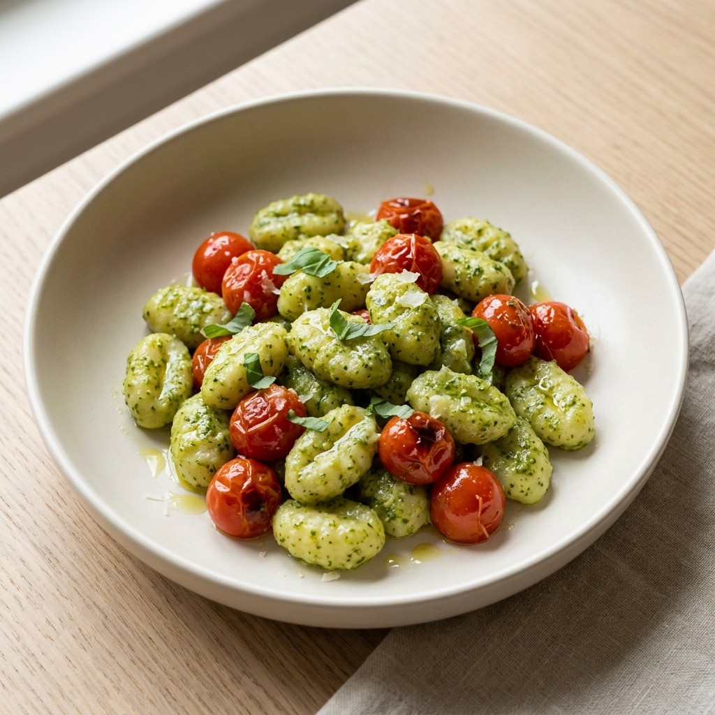 Generated food photo of Pesto Gnocchi with Blistered Tomatoes